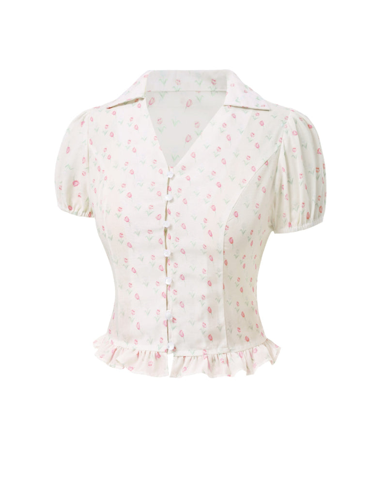 [Vorverkauf] 2PCS Rosa 1950er Tulip Bluse & Rose Tasten Hosen