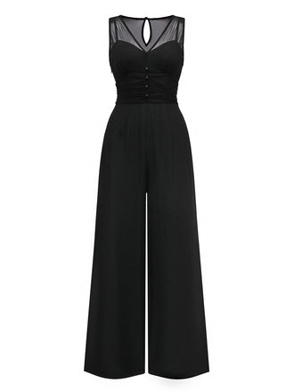 Schwarz 1930er Netz Plissiertes Patchwork Jumpsuit