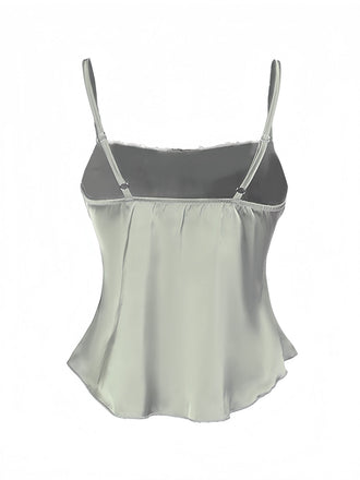 Grün 1970er Satin Gerüschtes Büste Hosenträger Cami Top