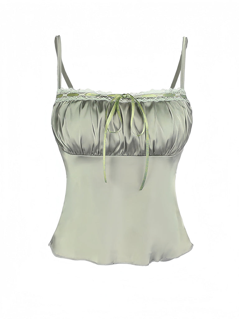 Grün 1970er Satin Gerüschtes Büste Hosenträger Cami Top