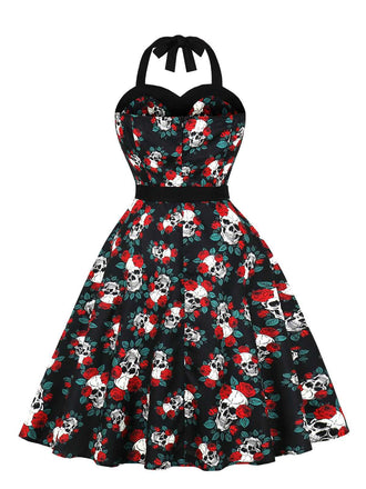 Schwarz 1950er Halloween Schädel Rosen Halter Kleid