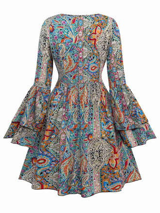 Multicolor 1970er Bohemien Paisley Blumen Glockenärmel Kleid