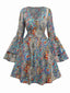 Multicolor 1970er Bohemien Paisley Blumen Glockenärmel Kleid