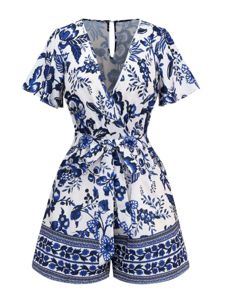 Blau 1950er Blau-Weiß-Porzellan Blumen Gürtel Romper