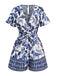 Blau 1950er Blau-Weiß-Porzellan Blumen Gürtel Romper
