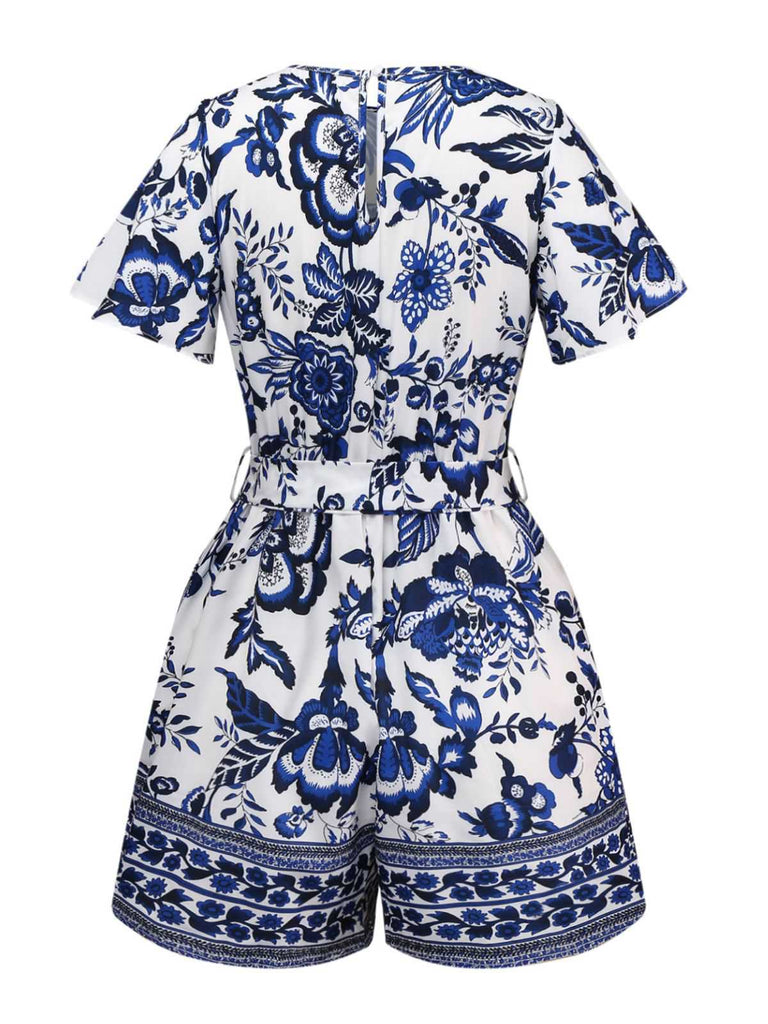 Blau 1950er Blau-Weiß-Porzellan Blumen Gürtel Romper