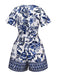 Blau 1950er Blau-Weiß-Porzellan Blumen Gürtel Romper