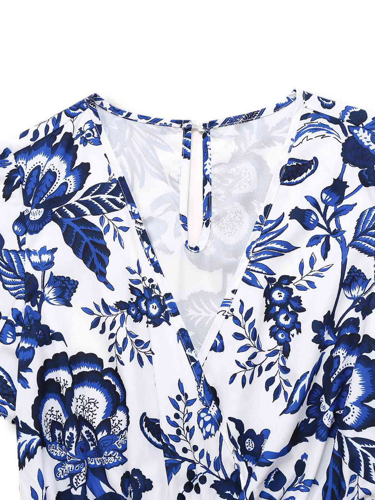 Blau 1950er Blau-Weiß-Porzellan Blumen Gürtel Romper