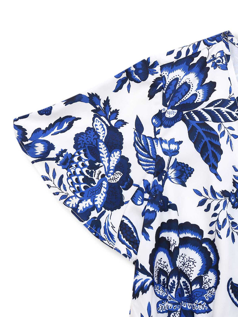 Blau 1950er Blau-Weiß-Porzellan Blumen Gürtel Romper