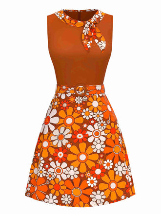 Orange 1960er Boho Psychedelisch Blumen Gürtel Kleid
