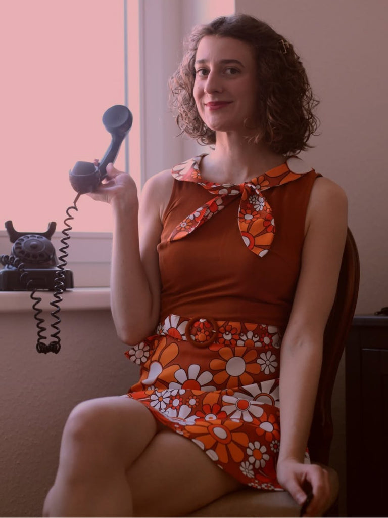 Orange 1960er Boho Psychedelisch Blumen Gürtel Kleid