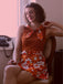 Orange 1960er Boho Psychedelisch Blumen Gürtel Kleid