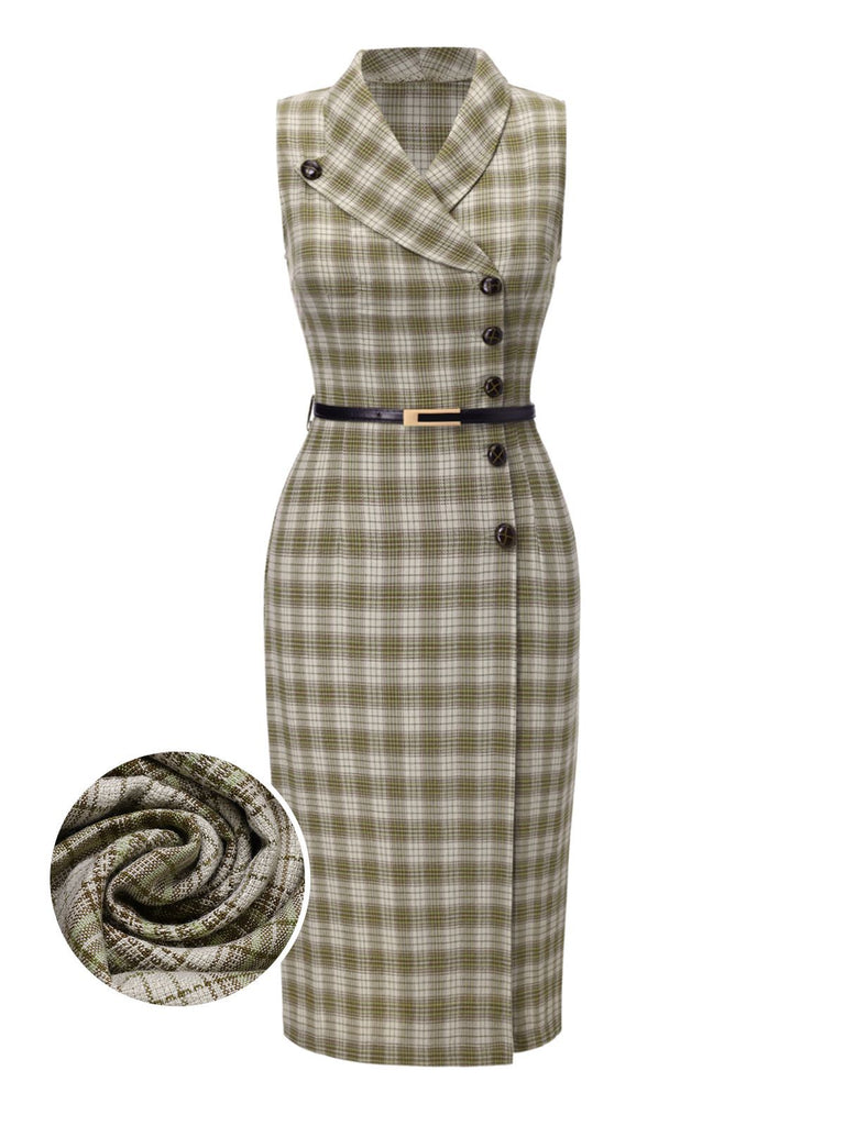 Erbsengrün 1960er Revers Geknöpft Tartan Kleid