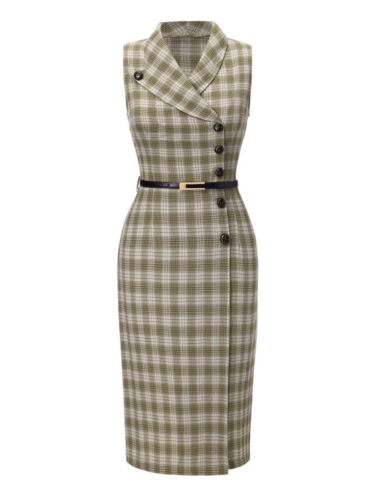 Erbsengrün 1960er Revers Geknöpft Tartan Kleid