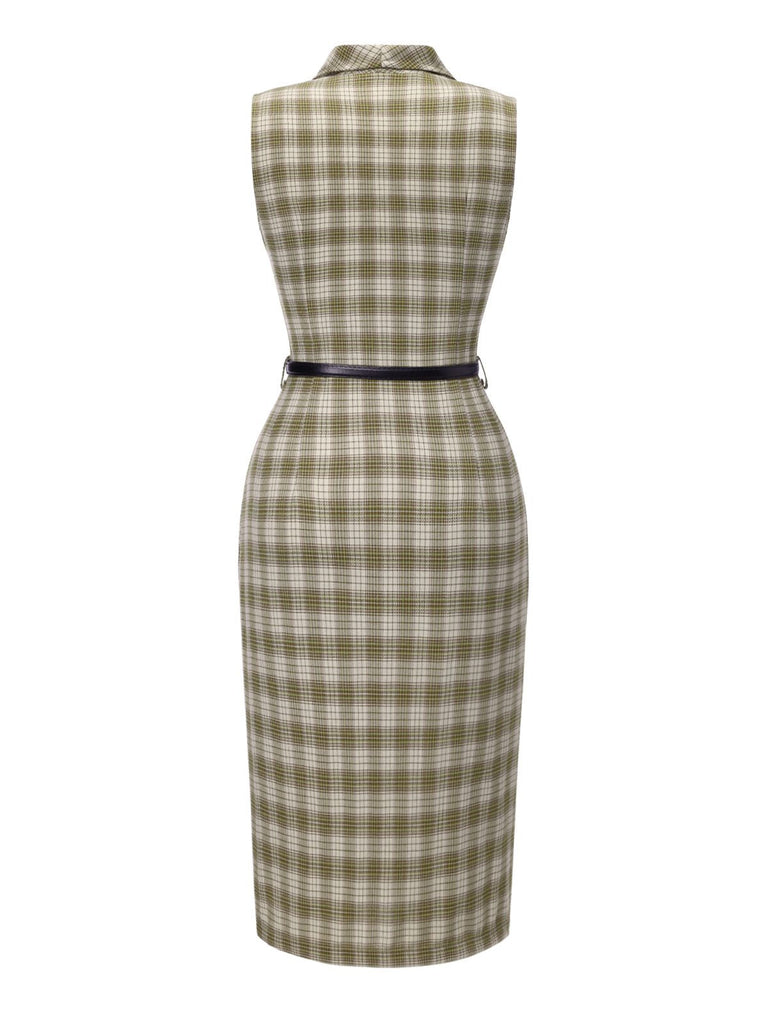 Erbsengrün 1960er Revers Geknöpft Tartan Kleid