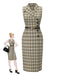 Erbsengrün 1960er Revers Geknöpft Tartan Kleid