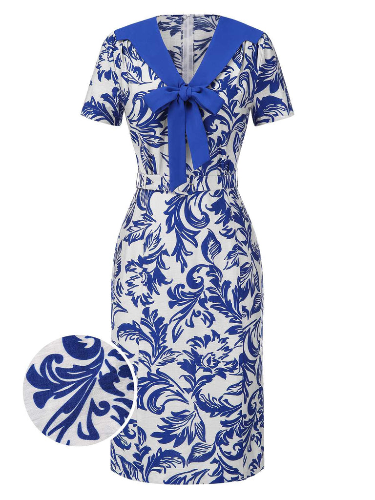 [Vorverkauf] Blau 1940er Blattumriss Revers Krawattenhals Kleid
