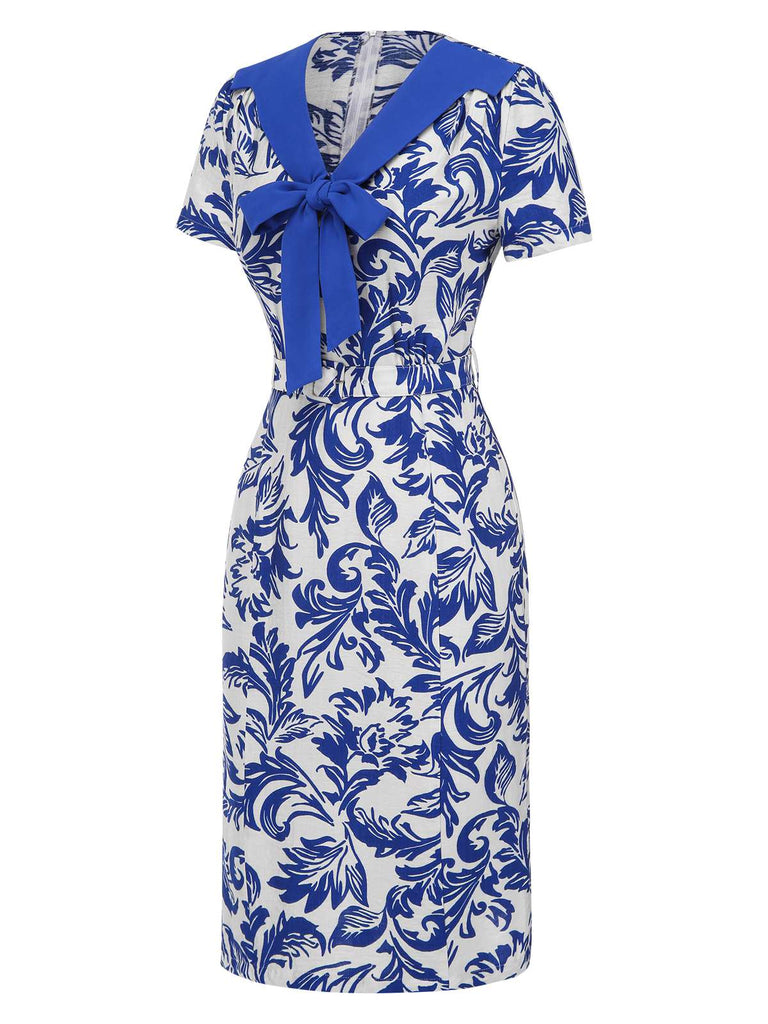 [Vorverkauf] Blau 1940er Blattumriss Revers Krawattenhals Kleid