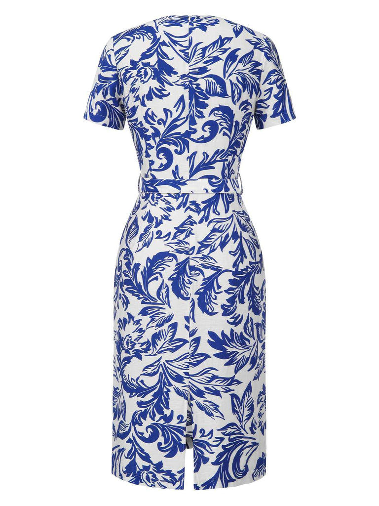 [Vorverkauf] Blau 1940er Blattumriss Revers Krawattenhals Kleid