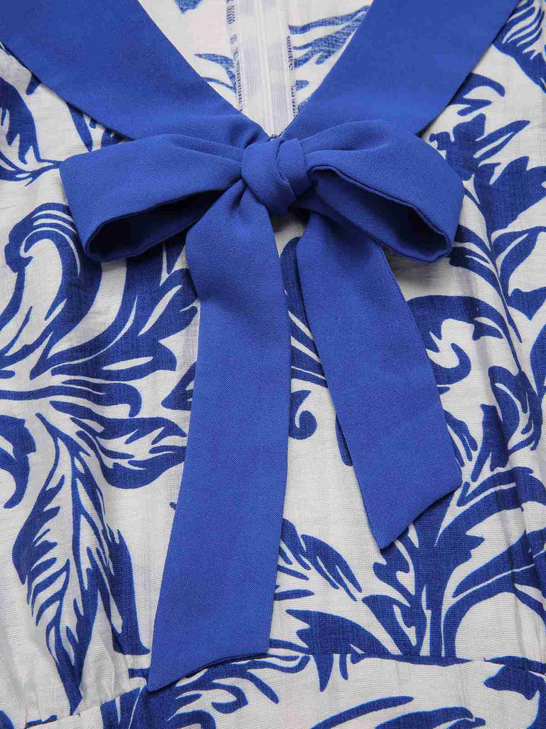 [Vorverkauf] Blau 1940er Blattumriss Revers Krawattenhals Kleid