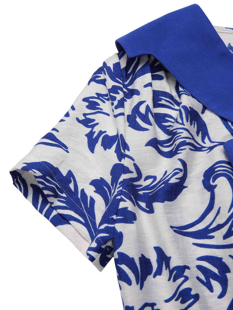 [Vorverkauf] Blau 1940er Blattumriss Revers Krawattenhals Kleid