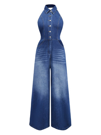 Blau 1930er Revers Ärmellos Weites Bein Denim Jumpsuit