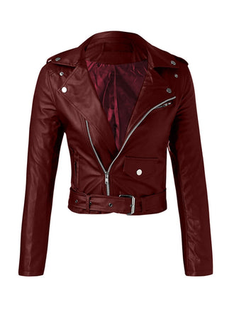 Rotes 1980er Solide Revers PU Leder Gürtel Kurze Jacke