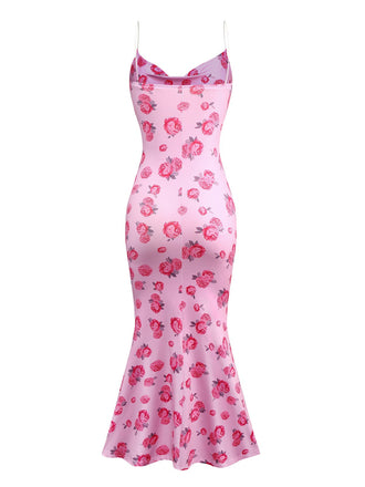 Rosa 1930er Rose Wasserfallausschnitt Fischschwanz Kleid