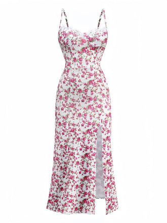 Weiß 1940er Kleine Blumen Rose Schlitz Slip Kleid