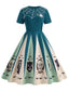 [Vorverkauf] Blau 1950er Halloween Spinnennetz Druck Patchwork Kleid