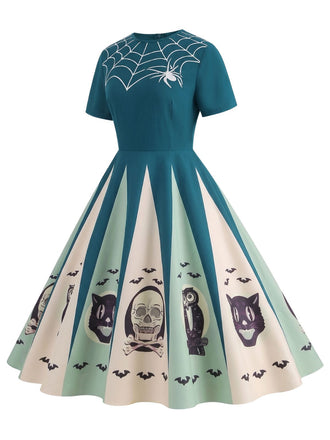 [Vorverkauf] Blau 1950er Halloween Spinnennetz Druck Patchwork Kleid