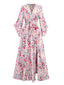Rosa 1940er Volantärmel V-Ausschnitt Blumen Kleid