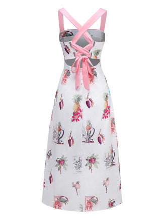 Rosa 1960er Tropisch Drucke Raffhalter Träger Kleid