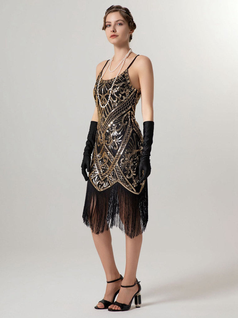 1920er Spaghetti Träger Pailletten Quaste Flapper Kleid