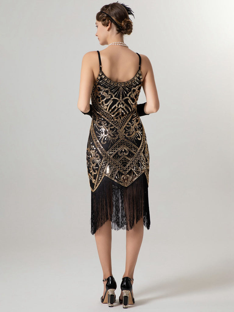 1920er Spaghetti Träger Pailletten Quaste Flapper Kleid