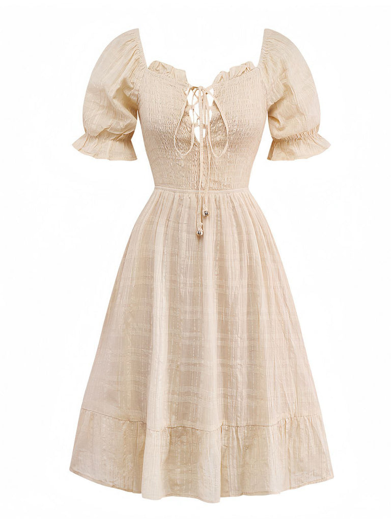 Aprikose 1950er Solide Baumwolle Raffhalter Gesmokt Kleid