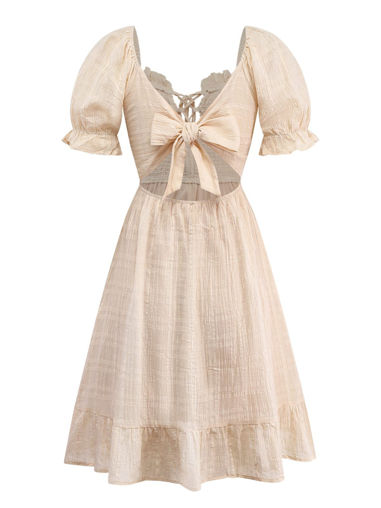 Aprikose 1950er Solide Baumwolle Raffhalter Gesmokt Kleid