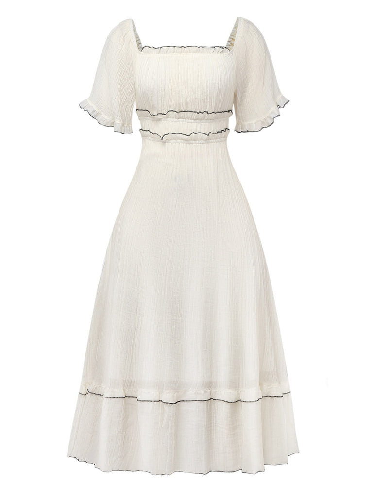 Aprikose 1930er Quadratischer Hals Strukturiert Bindung Kleid