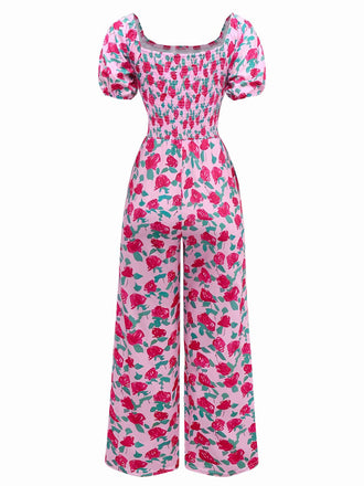 Rosa 1930er Rose Puffärmel Jumpsuit