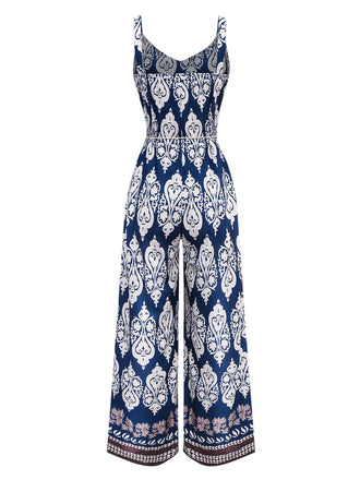 Blau 1970er Boho Ethnisch Drucken Träger Gürtel Jumpsuit