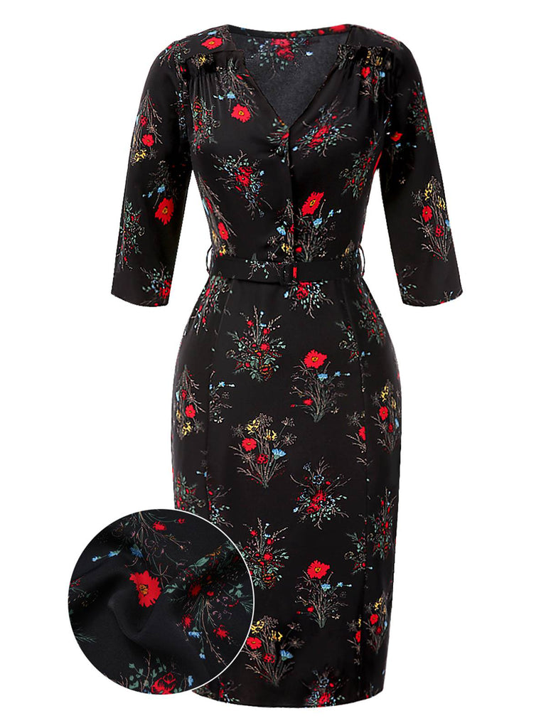 [Vorverkauf] Schwarz 1960er Dreiviertelärmel Blumen Bleistift Kleid