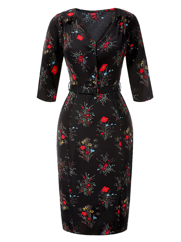 [Vorverkauf] Schwarz 1960er Dreiviertelärmel Blumen Bleistift Kleid