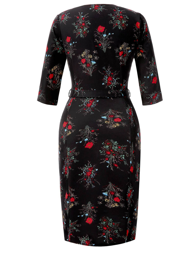 [Vorverkauf] Schwarz 1960er Dreiviertelärmel Blumen Bleistift Kleid