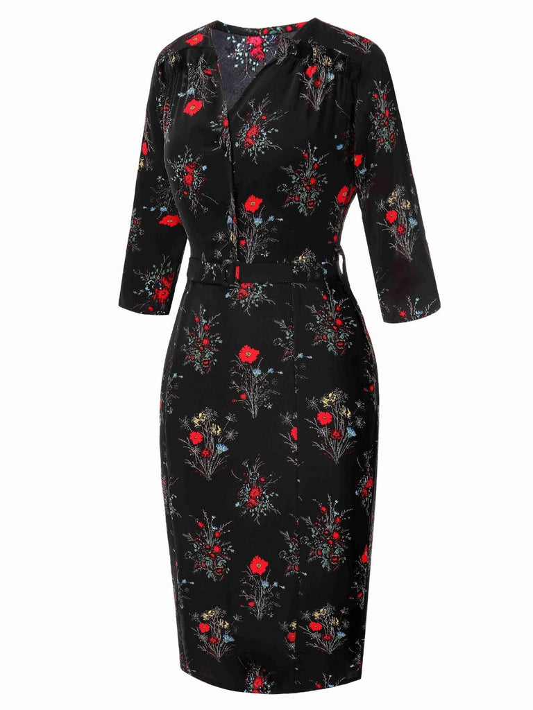 [Vorverkauf] Schwarz 1960er Dreiviertelärmel Blumen Bleistift Kleid