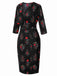 [Vorverkauf] Schwarz 1960er Dreiviertelärmel Blumen Bleistift Kleid