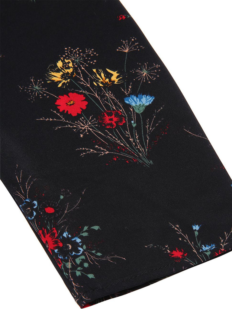 [Vorverkauf] Schwarz 1960er Dreiviertelärmel Blumen Bleistift Kleid
