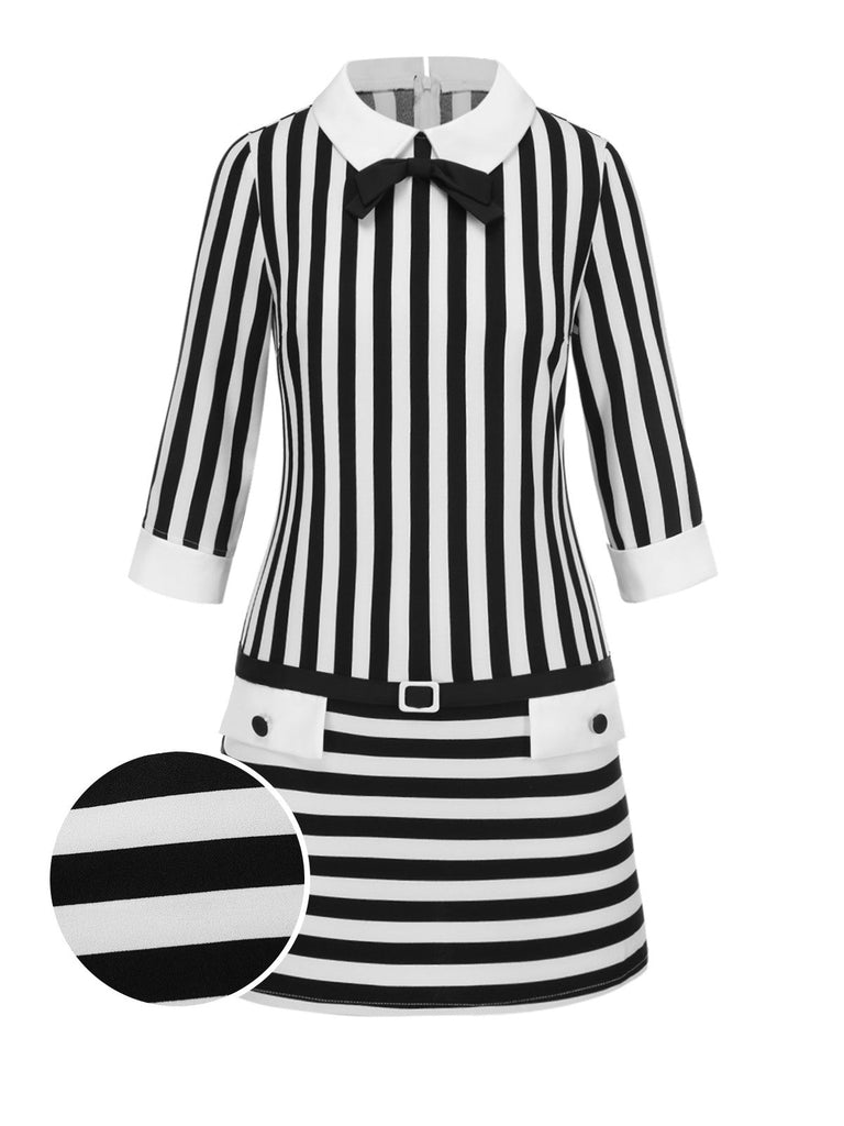 [Vorverkauf] Schwarz & Weiß 1960er Bogen Niedrige Taille Streifen Kleid