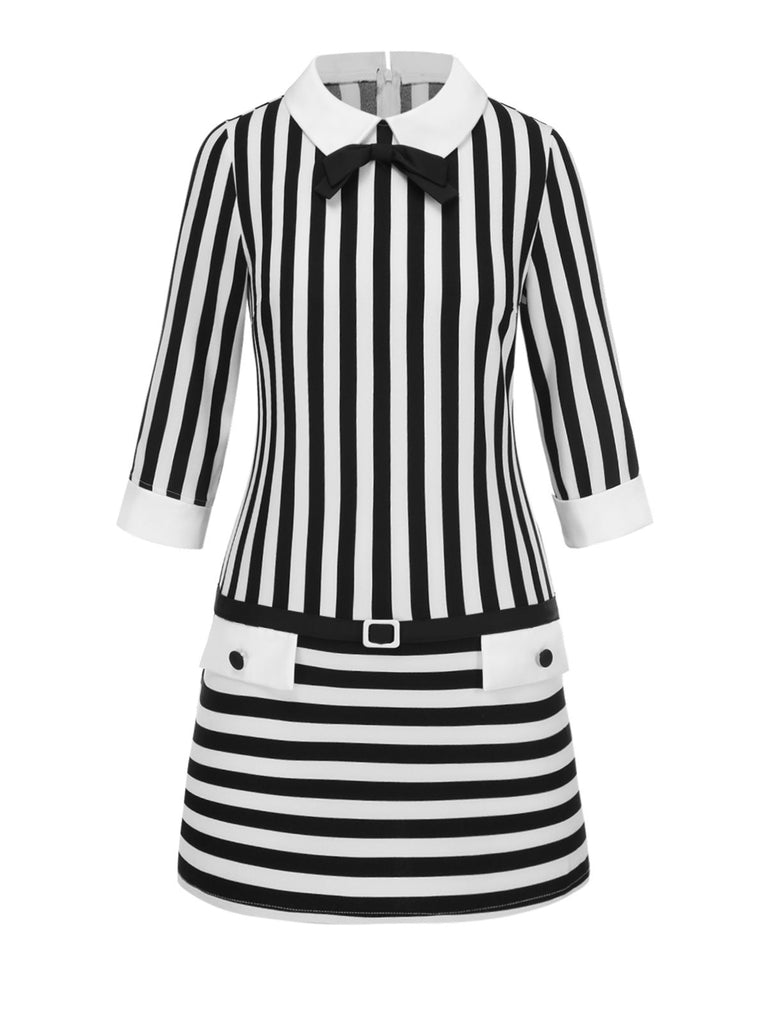 [Vorverkauf] Schwarz & Weiß 1960er Bogen Niedrige Taille Streifen Kleid