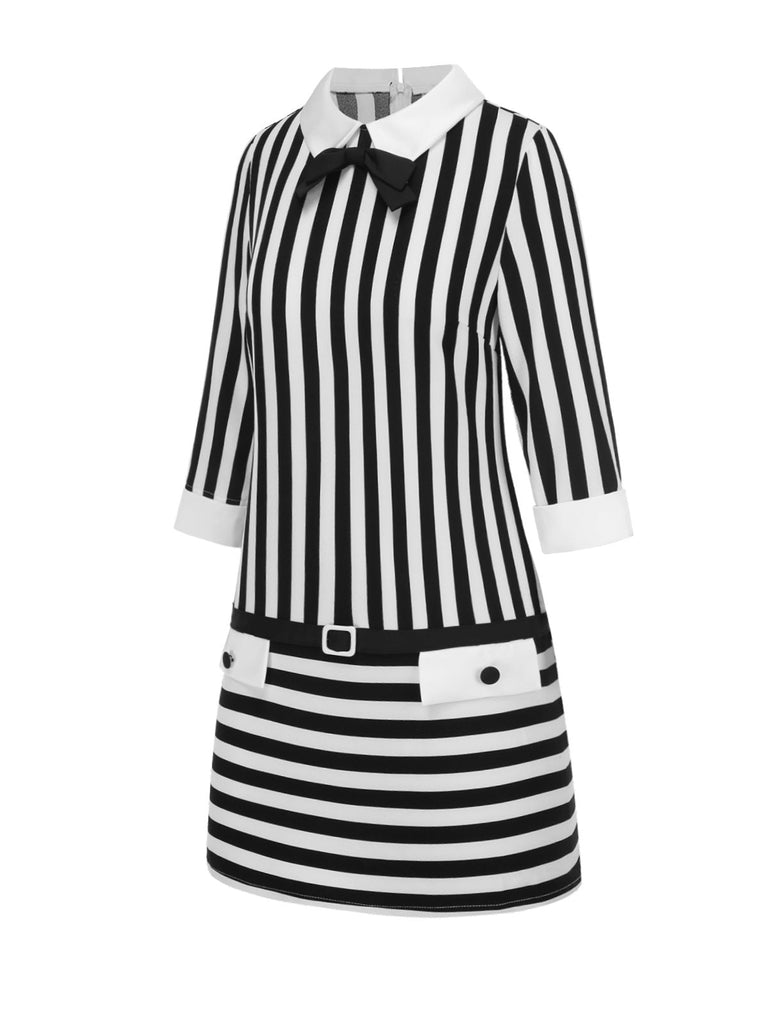 [Vorverkauf] Schwarz & Weiß 1960er Bogen Niedrige Taille Streifen Kleid