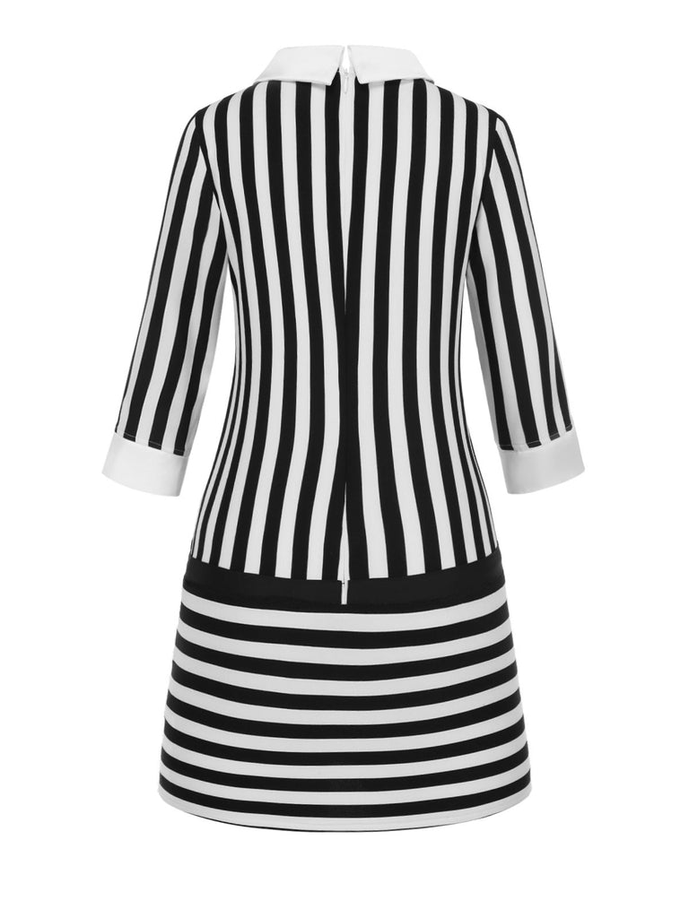 [Vorverkauf] Schwarz & Weiß 1960er Bogen Niedrige Taille Streifen Kleid